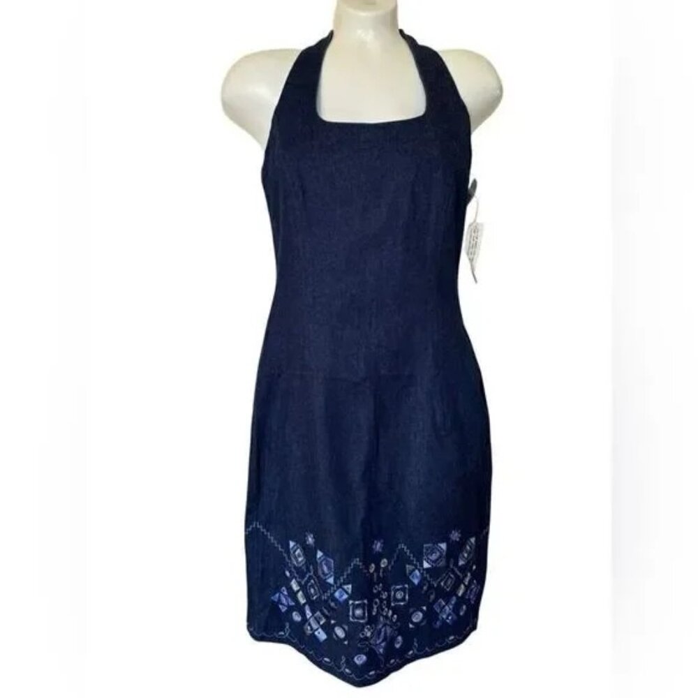 NWOT Vintage Laundry by Shelli Segal Denim Embroidered Halter Mini Dress
